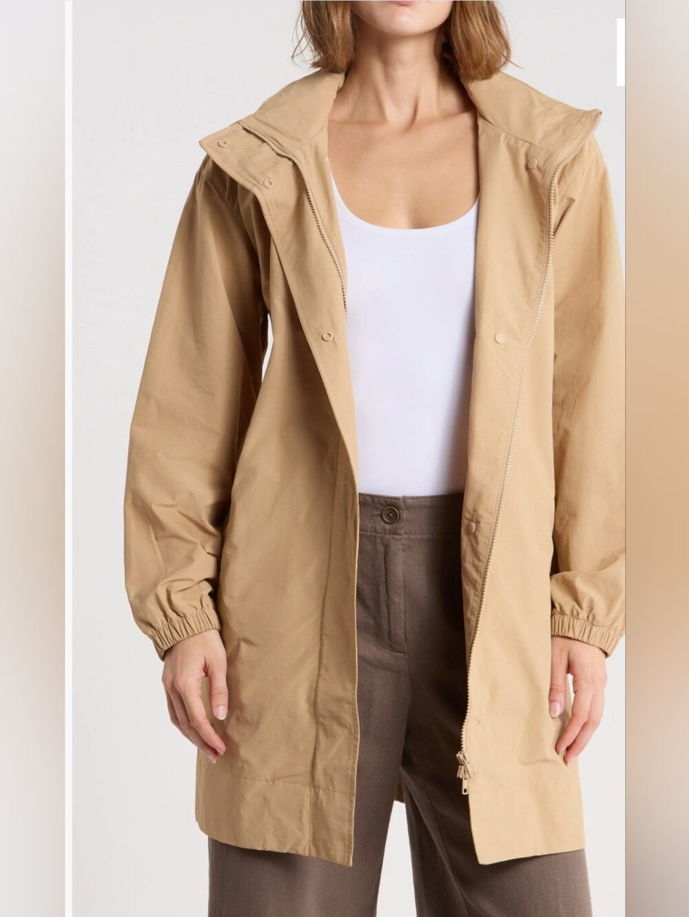 Eileen Fisher Organic Cotton Stand Collar Hidden Hood Long Jacket Windbreaker S